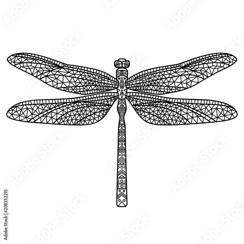 dragonfly/Black abstract dragonfly on white background. Hand-drawn illustration.