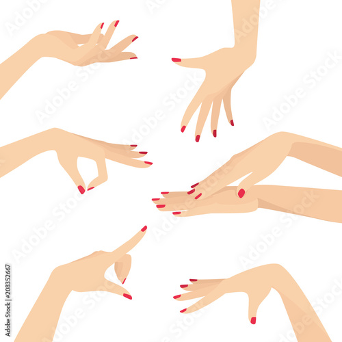 Beautiful Elegant Graceful Woman Hands With Red Nail Polish Design Set Vector Flat Illustration Isolated on White