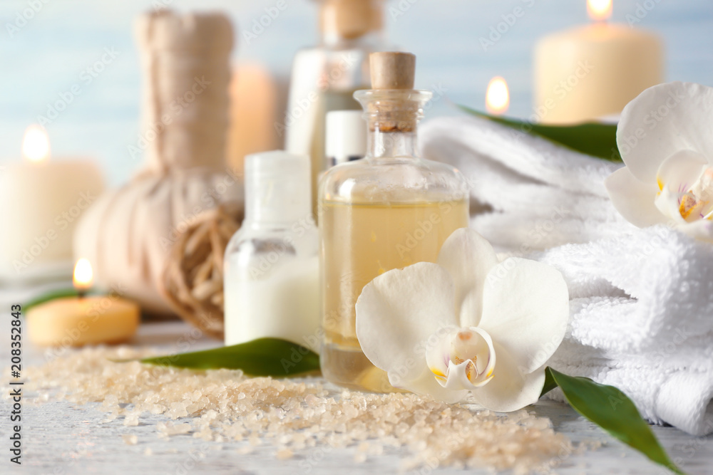 Set for spa treatment on wooden table Set for spa treatment on wooden table