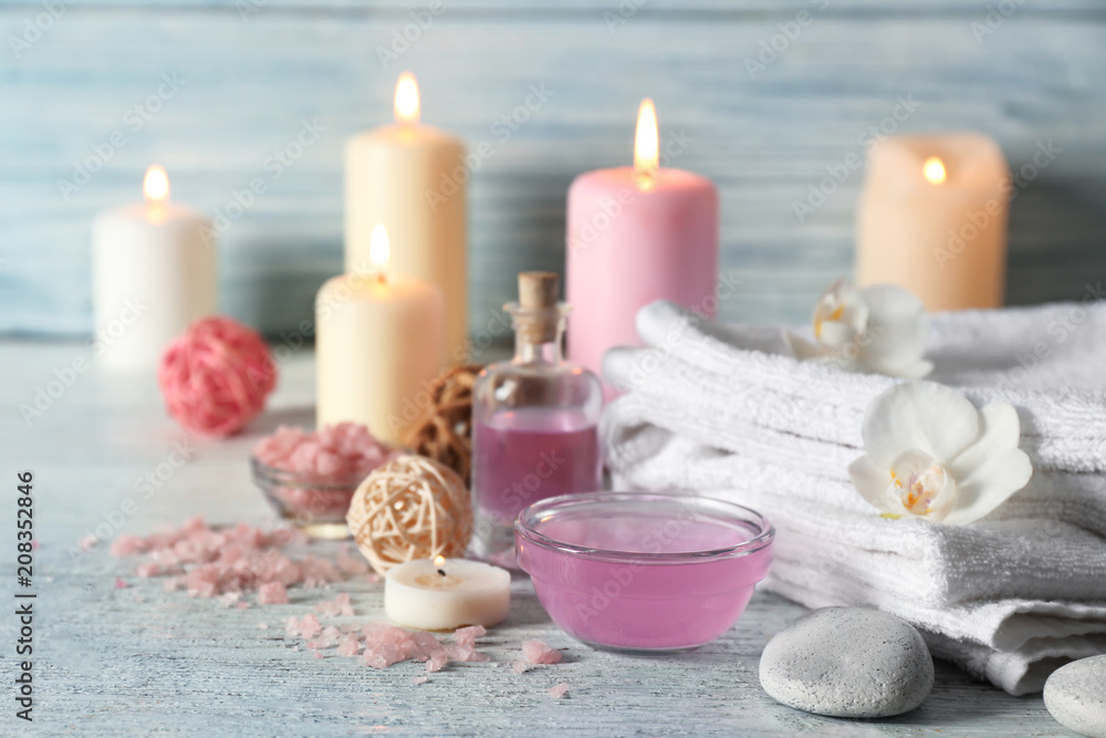 Set for spa treatment on wooden table Set for spa treatment on wooden table