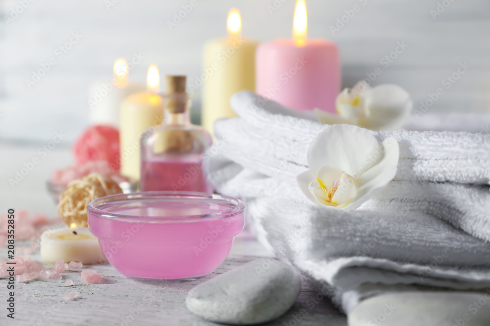 Set for spa treatment on wooden table Set for spa treatment on wooden table