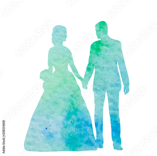 vector, isolated watercolor silhouette of the bride and groom