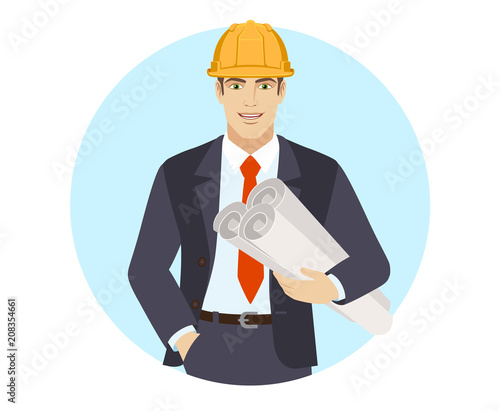 Businessman in construction helmet holding the project plans