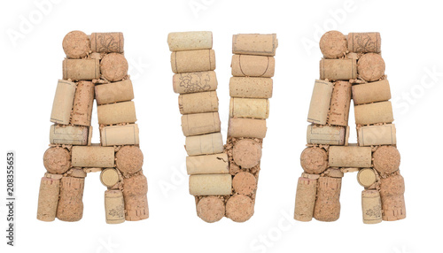 The American Viticultural Area - AVA - is the Wine grape growing region in the United States  made of wine corks Isolated on white background