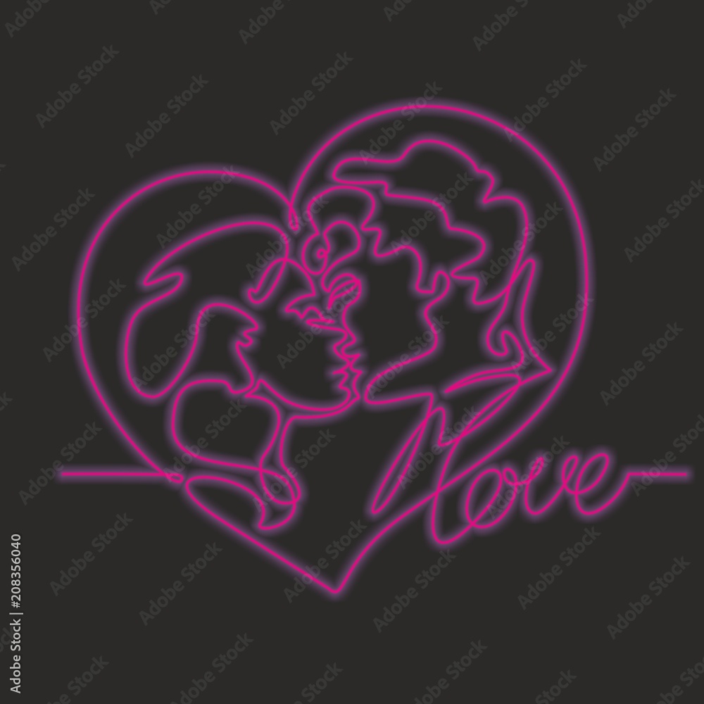 Continuous line drawing - a couple of kisses. Neon glow. Sign. Loving man and woman. Heart. Love. Valentines. Continuous line drawing - a couple of kisses. Neon glow. Sign. Loving man and woman. Heart. Love. Valentines.