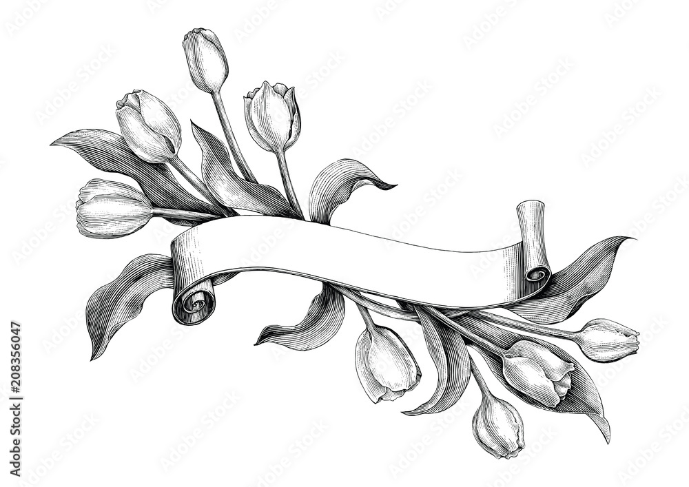 Vintage banner with tulips flower hand drawing vintage clip art Stock