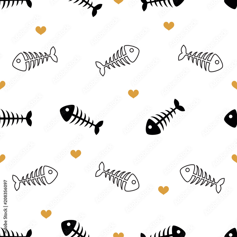 Fish bone seamless pattern vector illustration. Fish bones with gold hearts on white background.