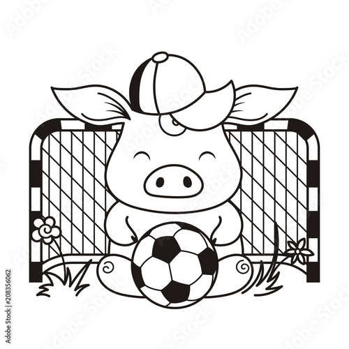 Cute cartoon pig with a soccer ball. Vector illustration.
