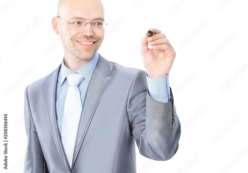 young businessman makes a record on an imaginary Board with a copy of space for text young businessman makes a record on an imaginary Board with a copy of space for text