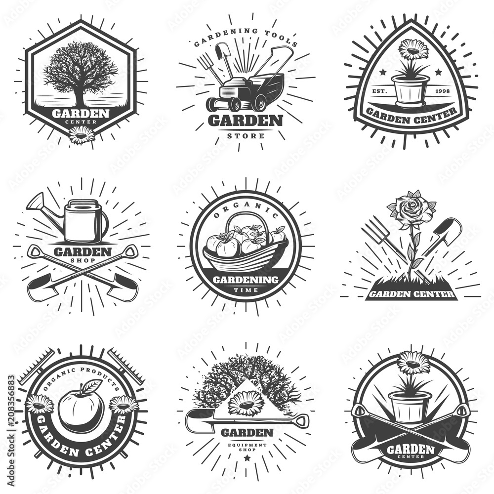 Vintage Monochrome Gardening Logos Set