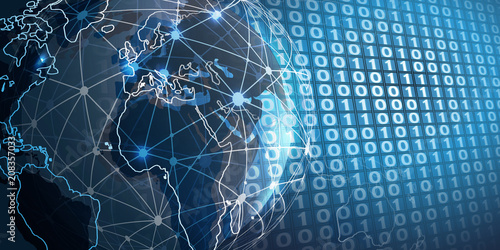 Futuristic Cloud Computing, Network Structure and Telecommunications Concept Design, Worldwide Connections with Earth Globe, Geometric Mesh and 3D Digital Binary Code Patterned Wall Background