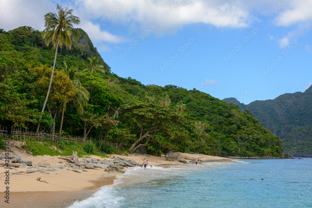 Magnificent sandy beach on Helicopter island. El Nido - Palawa, Philippines. Paradise tropical beach. Sand beach.