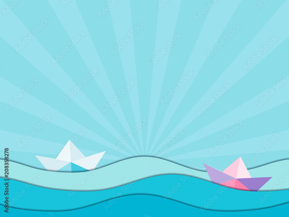Paper ships and paper waves. Origami. Seascape, rays against the sky. Vector illustration