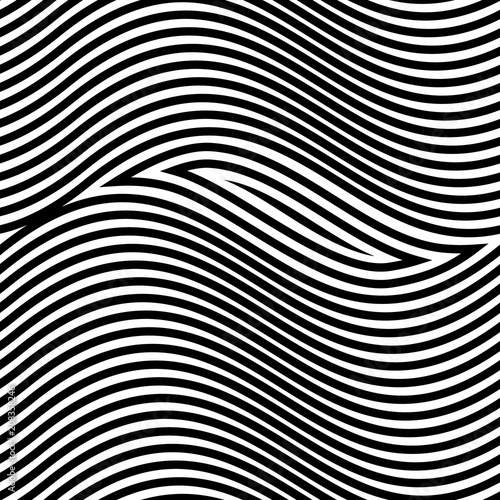 Abstract vector seamless op art pattern. Monochrome graphic black and white ornament. Striped optical illusion repeating texture. © sebos