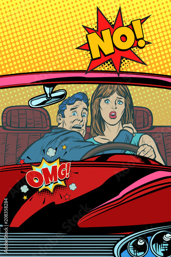 Car accident on the road. OMG no. Man and woman reaction of frig