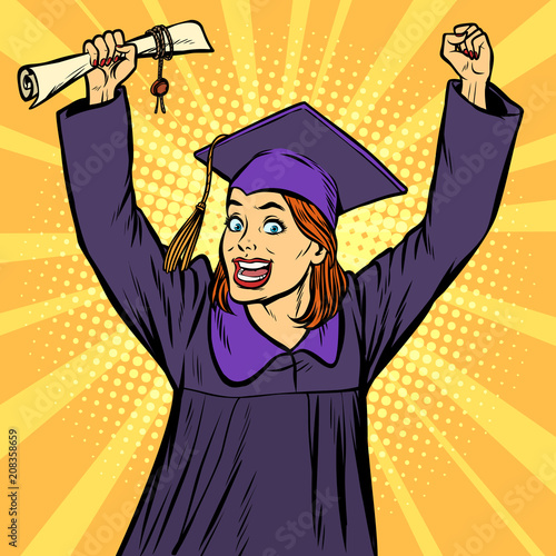 joyful woman graduate victorious gesture hands up