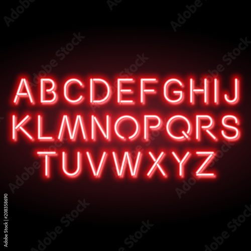 Neon red vector alphabet, set of realistic fluorescent glowing letters
