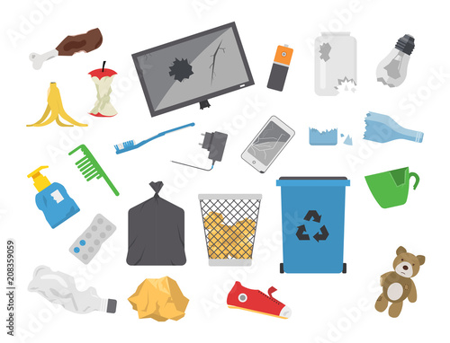 Recycling garbage vector trash bags tires management ecology industry garbage utilize concept waste sorting illustration.