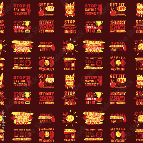 Sport motivational logo vector seamless pattern background hand drawn element banner gym crossfit trainings motivation text lettering illustration.