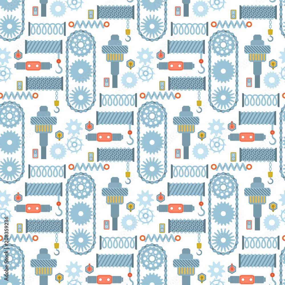 Fototapeta premium Machine parts mechanism vector mechanical manufacturing work seamless pattern background gear equipment industry technical machining engine illustration.