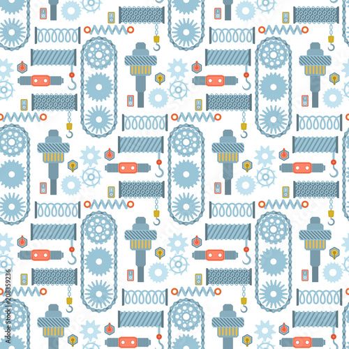 Machine parts mechanism vector mechanical manufacturing work seamless pattern background gear equipment industry technical machining engine illustration.