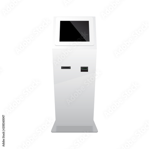 Outdoor White. Payment Terminal. ATM, POS, POI Advertising Stand On White Background. 3D Mock Up, Template