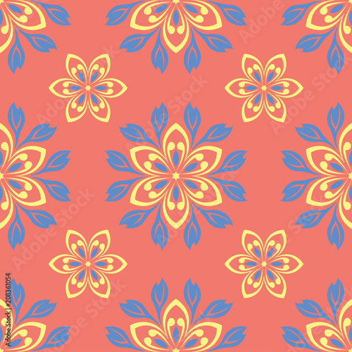 Floral red seamless pattern. Bright colored background with yellow and blue flower elements © Liudmyla