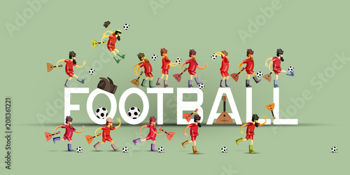 Illustration on the theme of Football. Football player in a hat-ear flaps with a balalaika in different poses. Lettering - football.