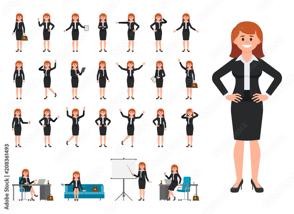 Businesswoman in black suit cartoon character. Vector illustration of female  working in office Stock Vector | Adobe Stock