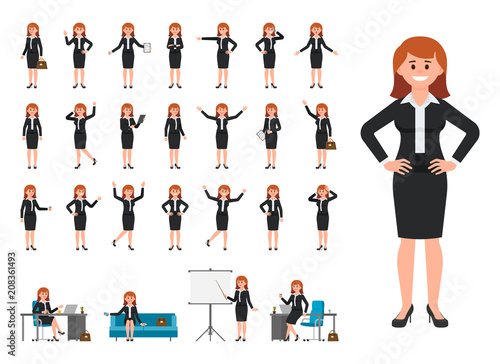 Businesswoman in black suit cartoon character. Vector illustration of female working in office