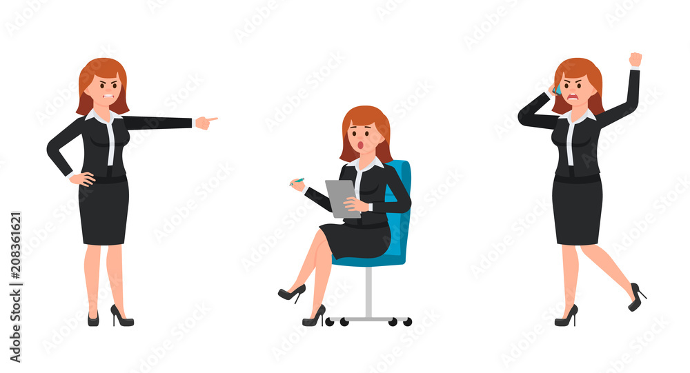 Angry woman in black business suit shouting on smartphone, pointing finger. Surprised woman sitting on office chair and writing notes. Vector illustration of cartoon character upset businesswomen Angry woman in black business suit shouting on smartphone, pointing finger. Surprised woman sitting on office chair and writing notes. Vector illustration of cartoon character upset businesswomen