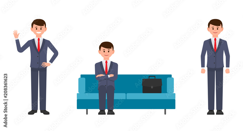 Happy man sitting on blue sofa with crossed hands, waving and smiling. Vector illustration of cartoon character businessmen front view Happy man sitting on blue sofa with crossed hands, waving and smiling. Vector illustration of cartoon character businessmen front view