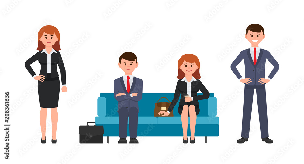 Happy man sitting on blue sofa with crossed hands, woman drinking coffee. Vector illustration of cartoon character men and women standing and smiling Happy man sitting on blue sofa with crossed hands, woman drinking coffee. Vector illustration of cartoon character men and women standing and smiling