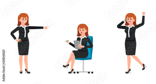 Angry woman in black business suit shouting on smartphone, pointing finger. Surprised woman sitting on office chair and writing notes. Vector illustration of cartoon character upset businesswomen