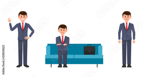 Happy man sitting on blue sofa with crossed hands, waving and smiling. Vector illustration of cartoon character businessmen front view