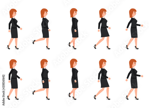 Young woman in black suit walking sequence. Vector illustration of moving cartoon character person