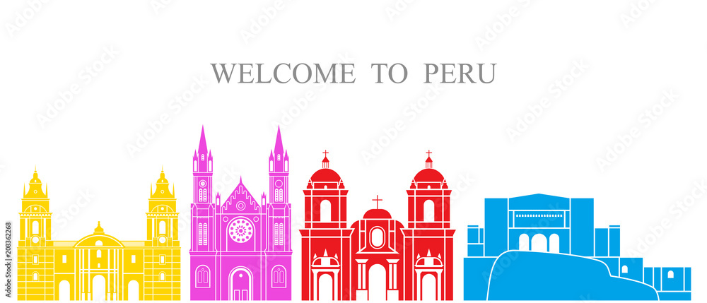 Peru set.  Isolated  Peru architecture on white background - obrazy, fototapety, plakaty 