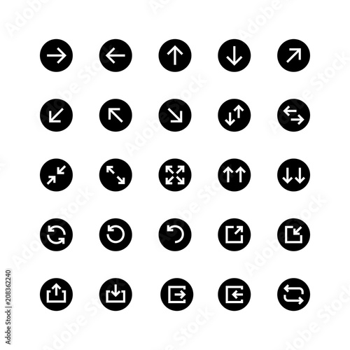 Set of simple white arrows in black circles for mobile user interface and web design isolated on white background