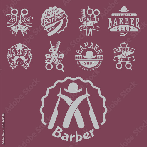 Vintage barber vector logo retro style haircutter typography flourishes calligraphic barbershop icon illustration.