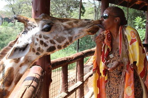 Woman kissing a giraffe