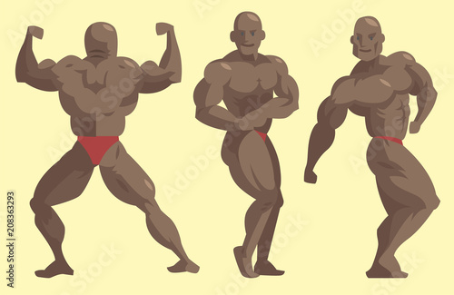Bodybuilder sportsman vector characters muscular bearded man fitness male strong athlets model posing bodybuilding sport gym cartoon style illustration