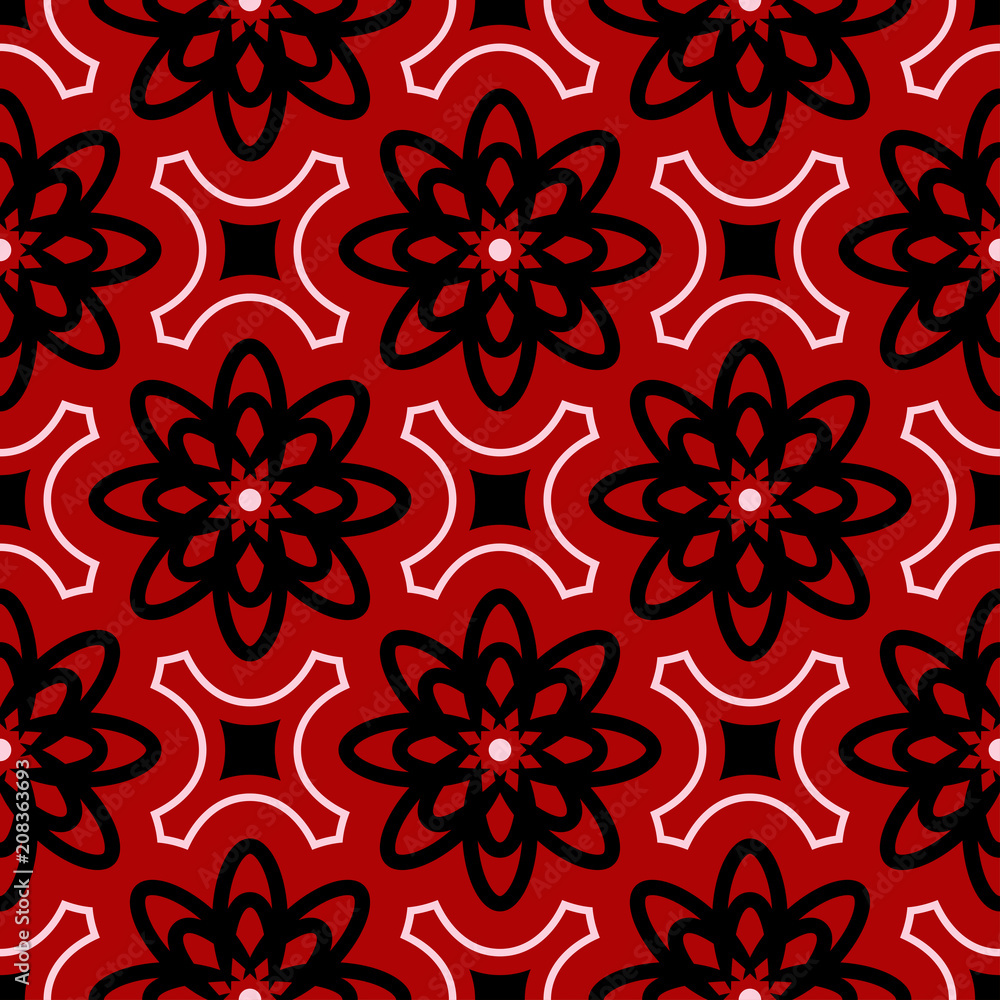 Floral seamless background. Black and white flower pattern on red Floral seamless background. Black and white flower pattern on red