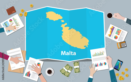 malta economy country growth nation team discuss with fold maps view from top