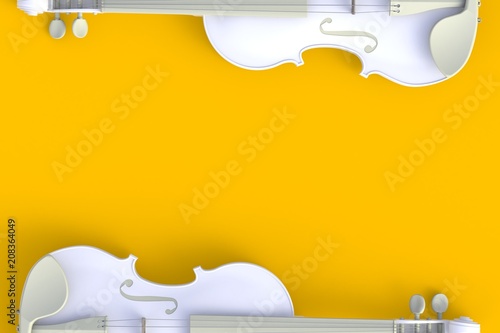 Top view of classical white violin isolated on yellow background, String inst...