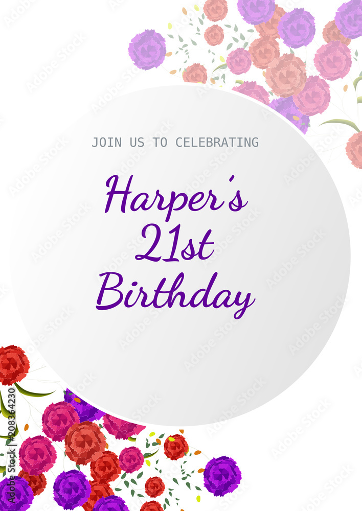 Elegant greeting card design for 21st Birthday celebration with colorful flowers.