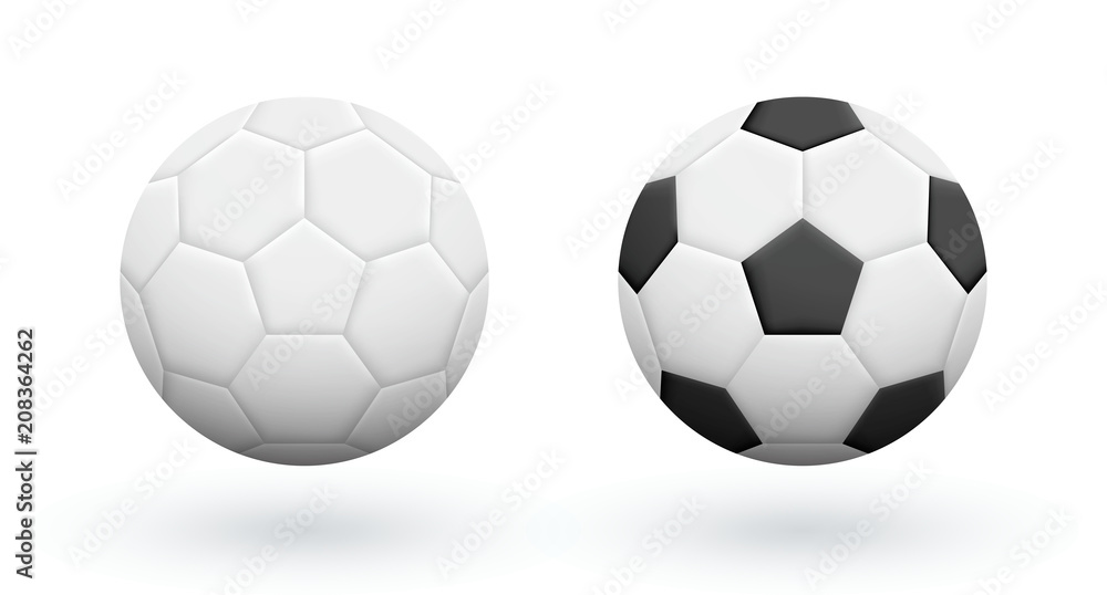 White and Black-White soccer balls isolated on white. Association football balls. Soccer equipment. White and Black-White soccer balls isolated on white. Association football balls. Soccer equipment.