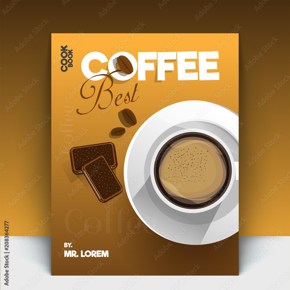 Best coffee recipe book cover design, top view with a coffee cup and