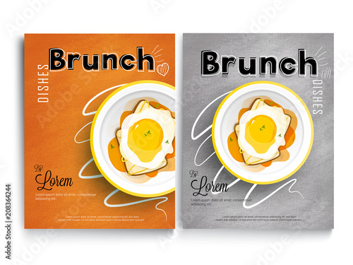 Brunch cook book or recipe book cover design. Breakfast and lunch dishes combination, food-art recipe book.