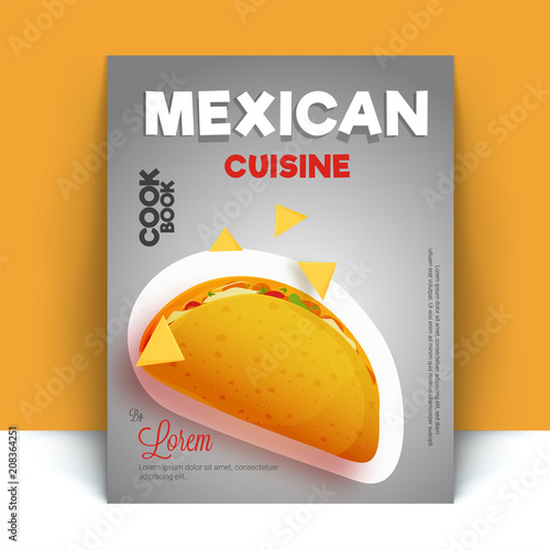 Mexican cusine recipe book cover design with spicy tacos and nachos. Culinary art book cover design.