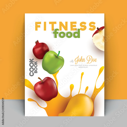 Fitness Food, cook book or recipe book for nutritious food, fruits and healthy lifestyle, Book cover design.